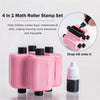 A set of four pink math roller stamps with ink bottles shown next to a single black ink bottle.