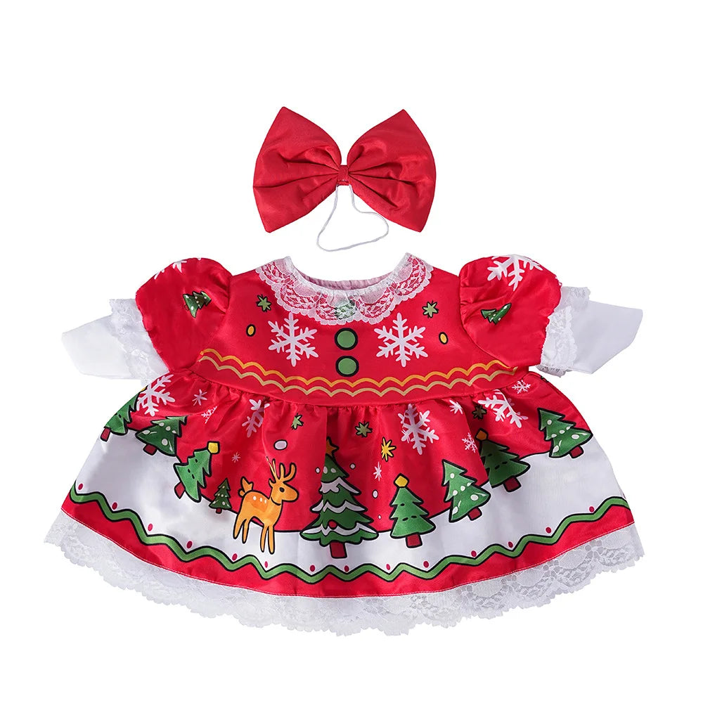 A festive red and white Christmas-themed dress for a child featuring a bow and seasonal patterns.