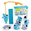 An orange fishing rod and 8-piece set of blue and gray stretchy shark figures for a kids fishing game.