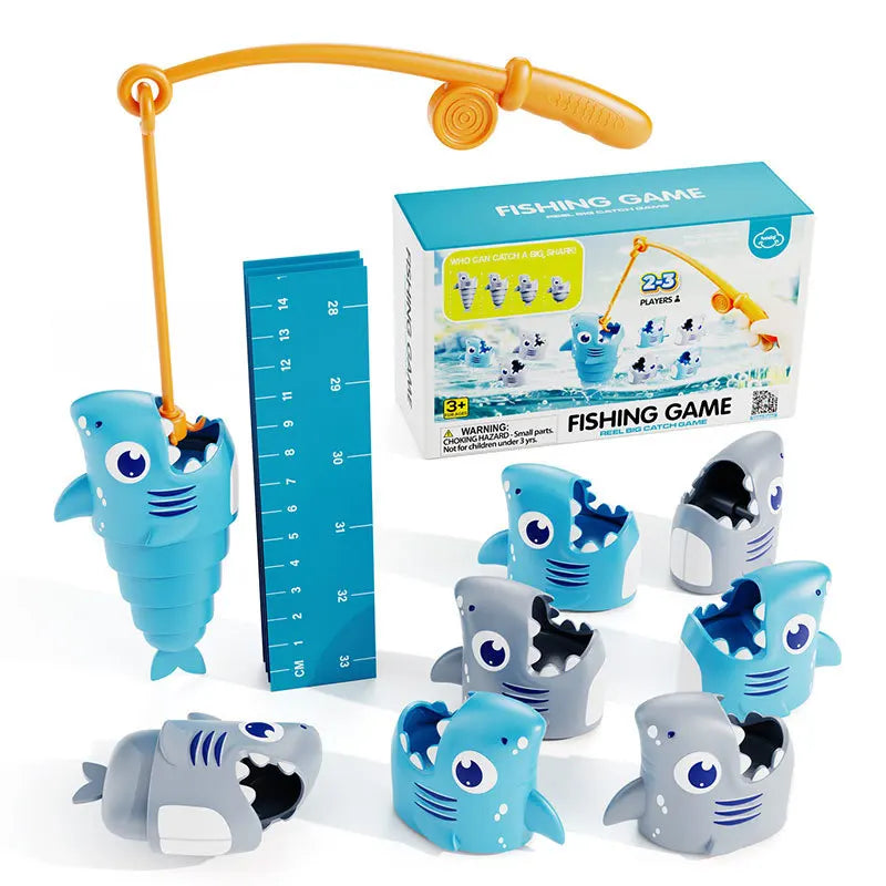 An orange fishing rod and 8-piece set of blue and gray stretchy shark figures for a kids fishing game.