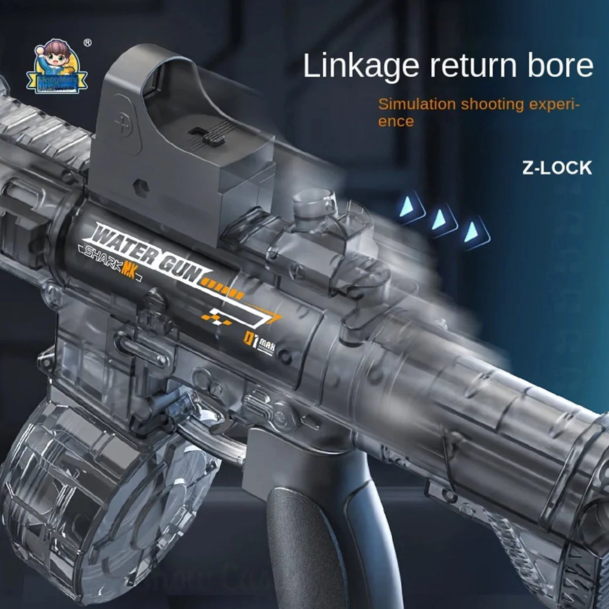 A close-up view of a black water gun replica with a linkage return bore and Z-lock mechanism.