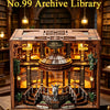 A detailed wooden library model kit featuring No. 99 Archive Library with miniature books and LED lighting.