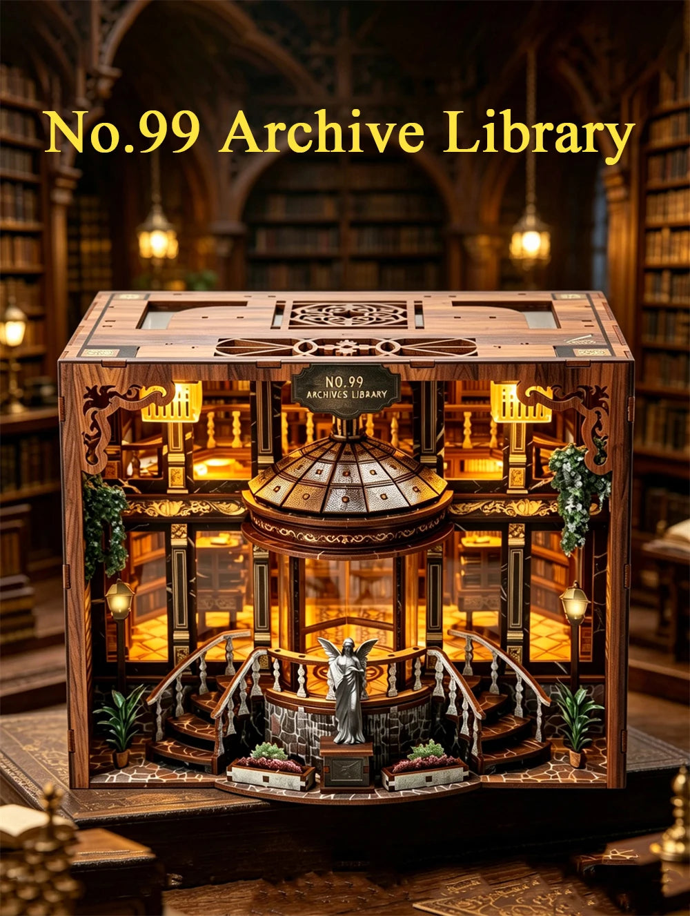 A detailed wooden library model kit featuring No. 99 Archive Library with miniature books and LED lighting.