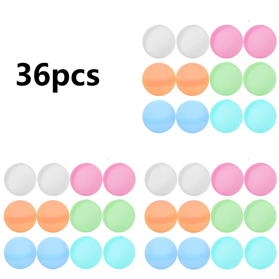 A set of 36 reusable water balloons in various colors including white, pink, orange, and green.