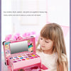 A young girl is using a pink makeup set containing eyeshadow, blush, lipstick, and nail polish for imitation play.