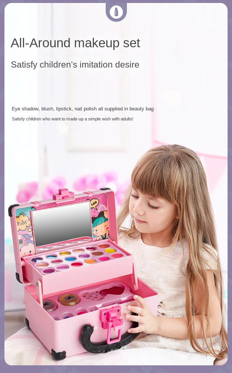 A young girl is using a pink makeup set containing eyeshadow, blush, lipstick, and nail polish for imitation play.