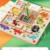 A wooden dinosaur counting board with magnetic pieces and a maze for early educational play.
