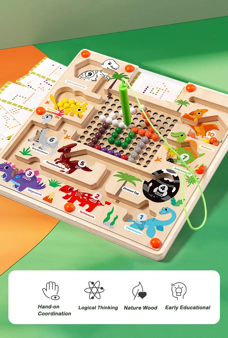A wooden dinosaur counting board with magnetic pieces and a maze for early educational play.