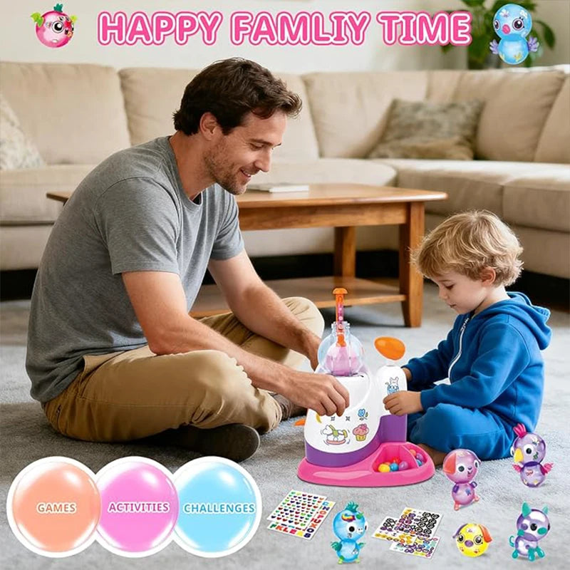 A man is sitting on the floor with a young child, demonstrating or playing with an inflatable balloon craft kit.
