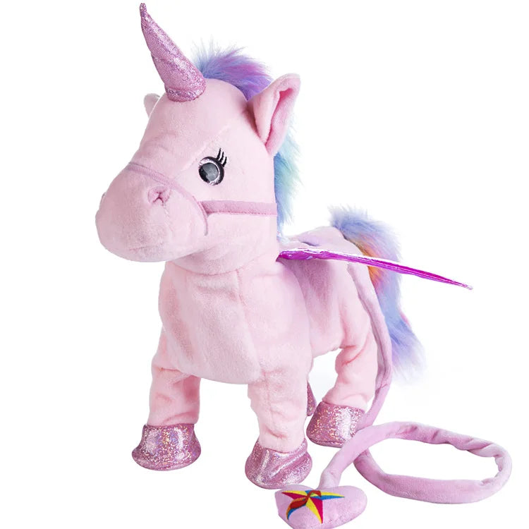 A pink musical walking unicorn plush toy with a purple horn and blue mane.