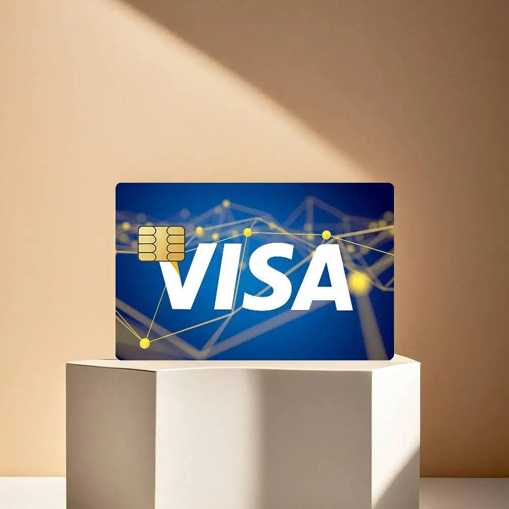 A dark blue graphic featuring the VISA logo and interconnected lines on a square card skin sticker set.