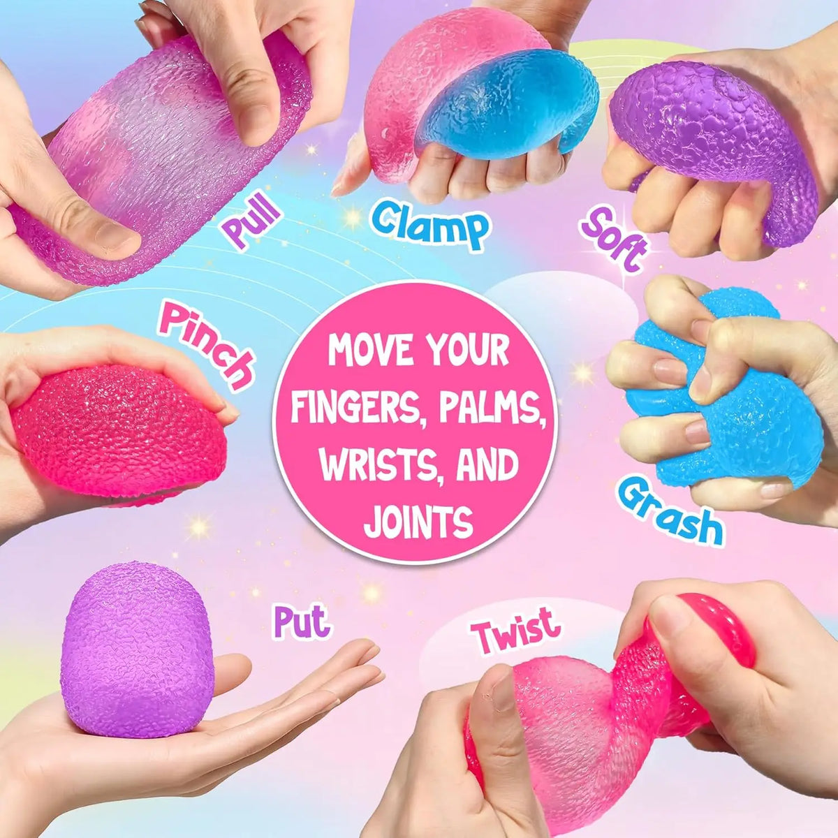 Hands demonstrate various squeezing and manipulation techniques on colorful squishy stress balls.