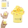 A yellow butter slime is shown in a clear container with dinosaur and cake designs, next to measuring guides.