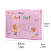 A pink box containing a Super Mega Art Set for kids with 208 pieces including crayons pencils and other art supplies