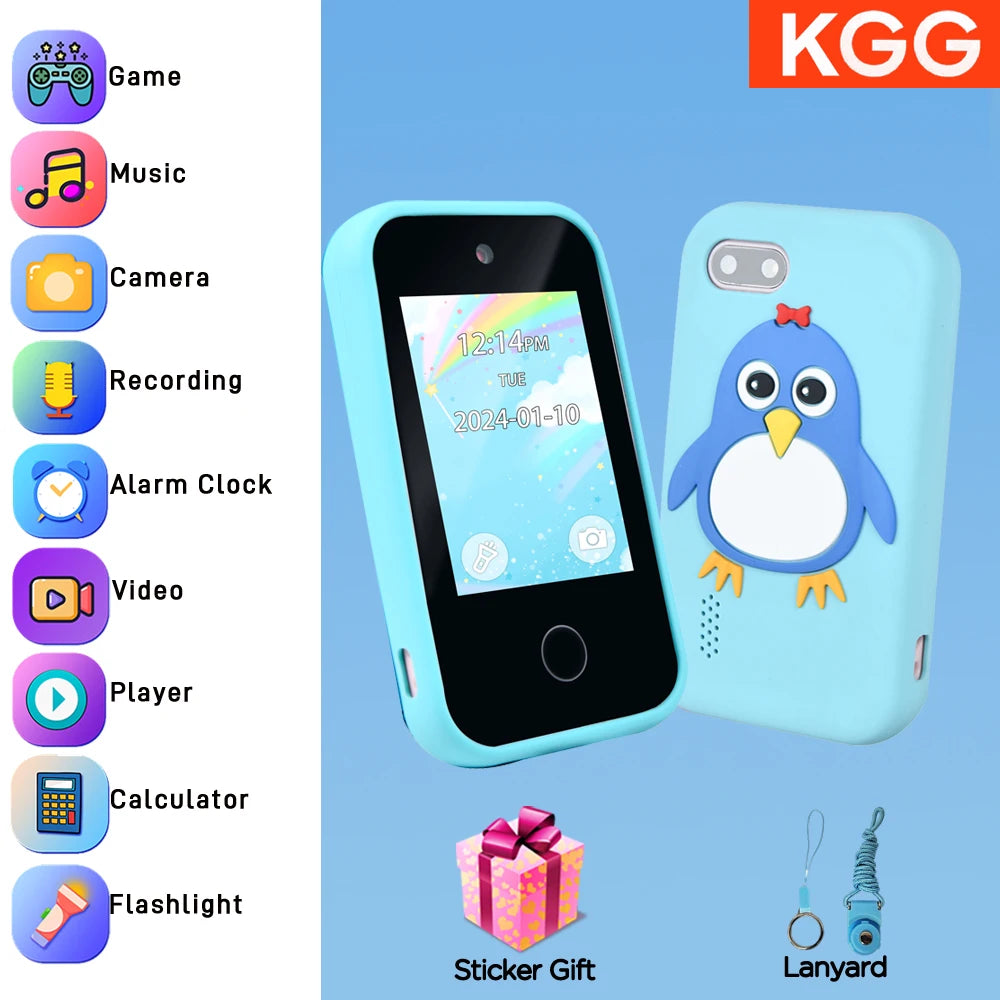 A light blue kids' touchscreen phone is shown next to a yellow owl sticker gift and a lanyard.