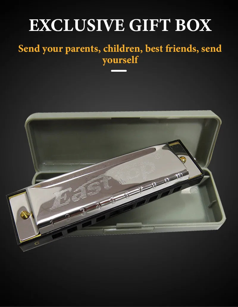 A silver 10-hole diatonic harmonica in C with stainless steel covers is displayed inside an exclusive gift box.