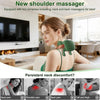 A woman is using a green neck and shoulder massager for relief, demonstrating its use on the neck and back.