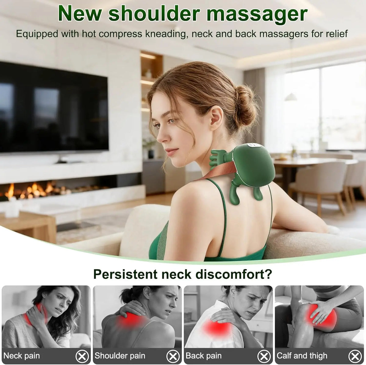 A woman is using a green neck and shoulder massager for relief, demonstrating its use on the neck and back.