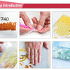 Step introduction showing a diamond painting kit with various components and finished work examples.