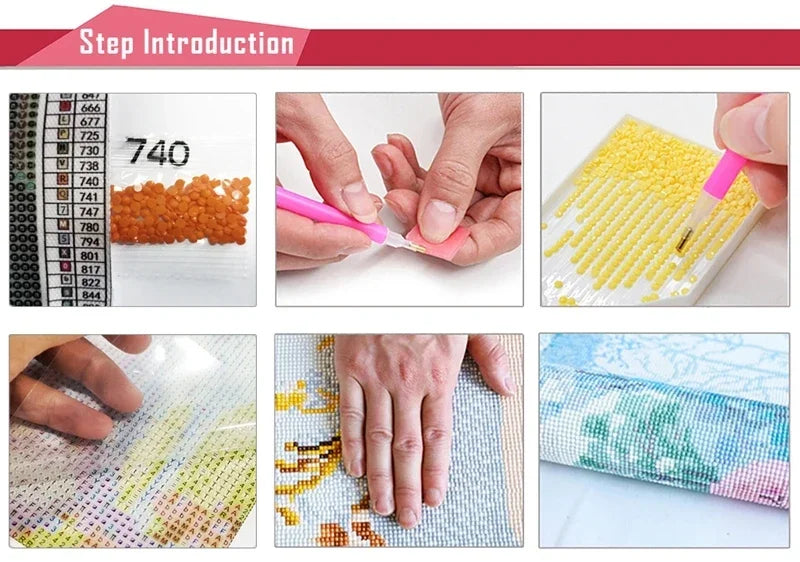 Step introduction showing a diamond painting kit with various components and finished work examples.