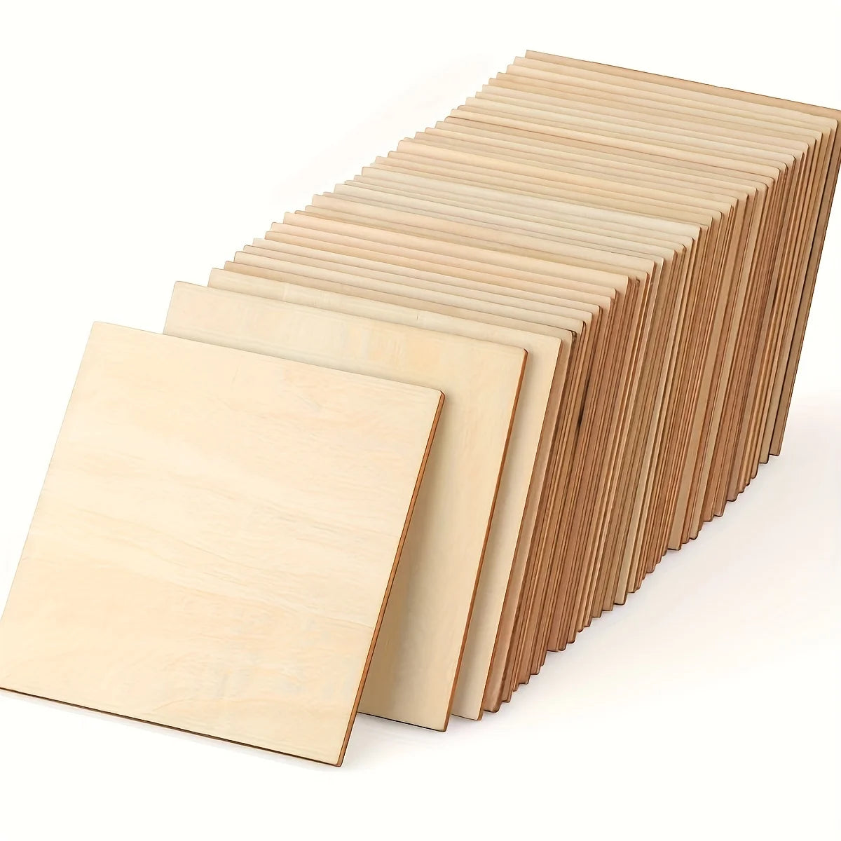 A stack of ten unfinished light wood squares or thin planks for crafting.