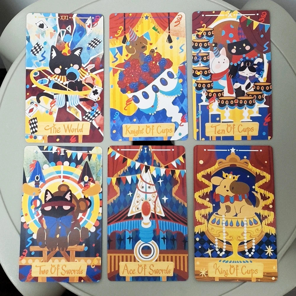 A collection of Rider-Waite Tarot cards featuring various suits and court cards like the Knight of Cups, Ten of Cups, Two of 