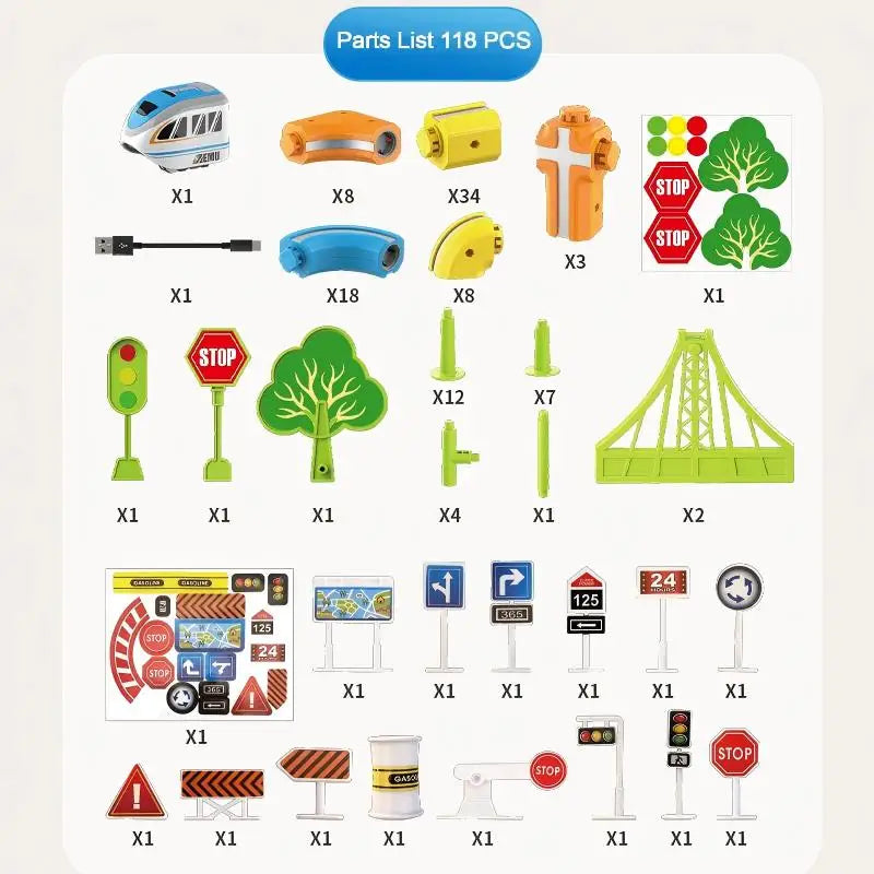 Parts list for a magnetic DIY track car building set including various components like wheels, tracks, and engine parts