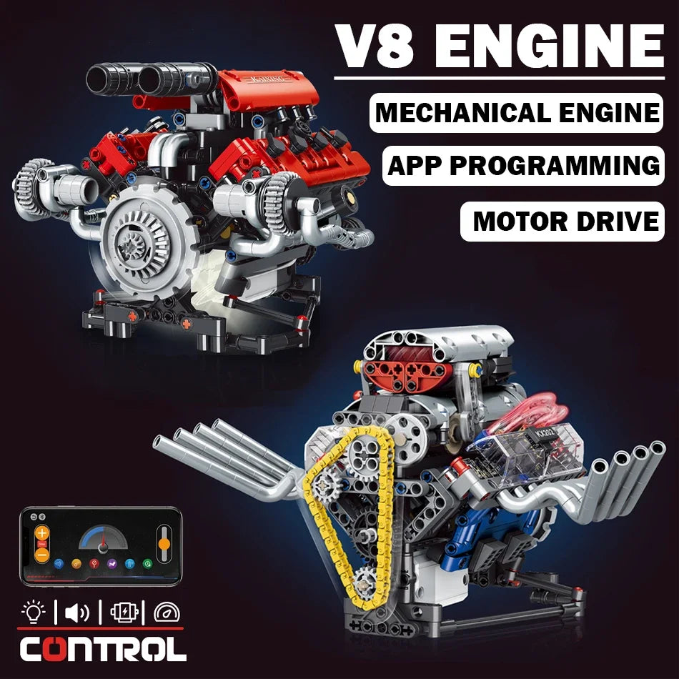 Technical V8 Engine Model Building Kit with LED Lights and App Control