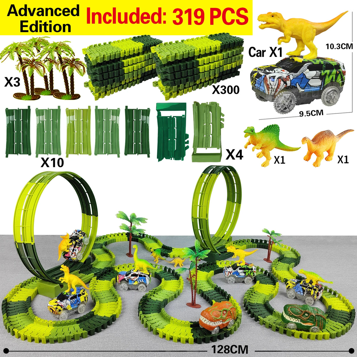 Advanced Edition dinosaur climbing car track set with flashing lights and accessories