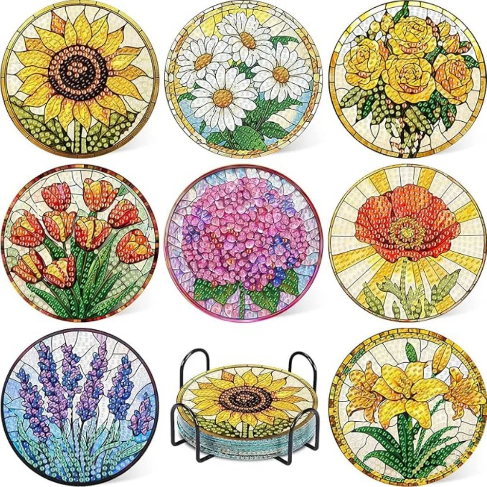 A set of floral diamond painting coasters featuring various flowers and leaves with metal holders.