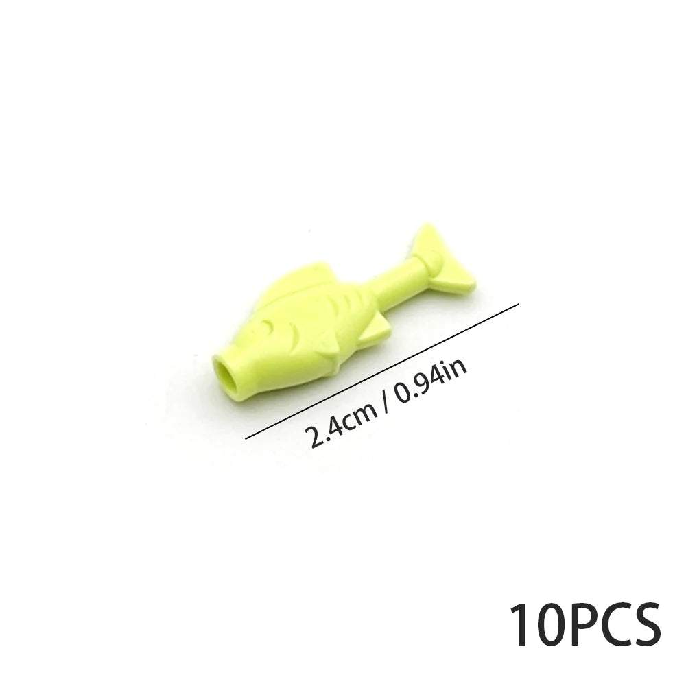 A set of 10 plastic marine creature building blocks in lime green color.