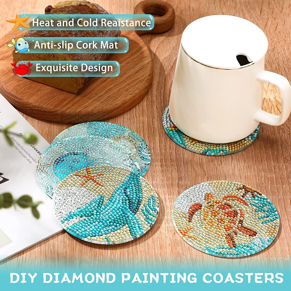 DIY Diamond Painting Coaster Kit with Holder – 8 Floral Resin Coasters