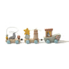 A wooden train set with numbered cars, including a gray animal car and a brown train engine.