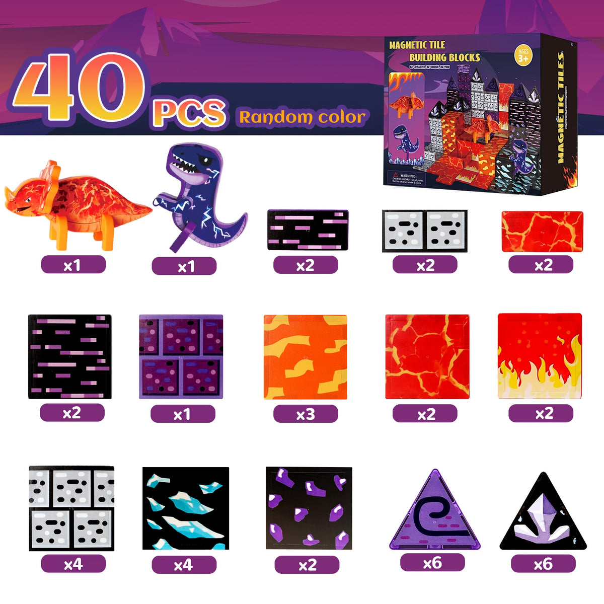 Eine Sammlung magnetischer Bausteine mit Dinosaurier- und geometrischen Formen in verschiedenen Farben und Größen.
