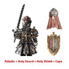 A metal figurine set featuring a paladin armor piece, holy sword, holy shield, and cape.