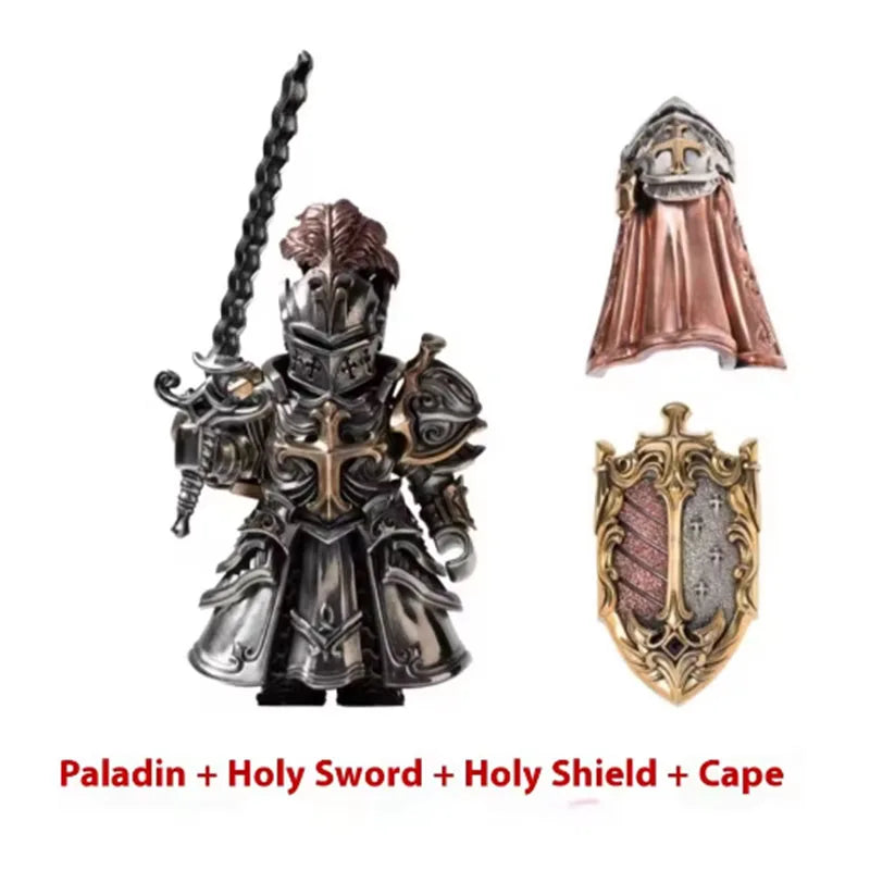 A metal figurine set featuring a paladin armor piece, holy sword, holy shield, and cape.