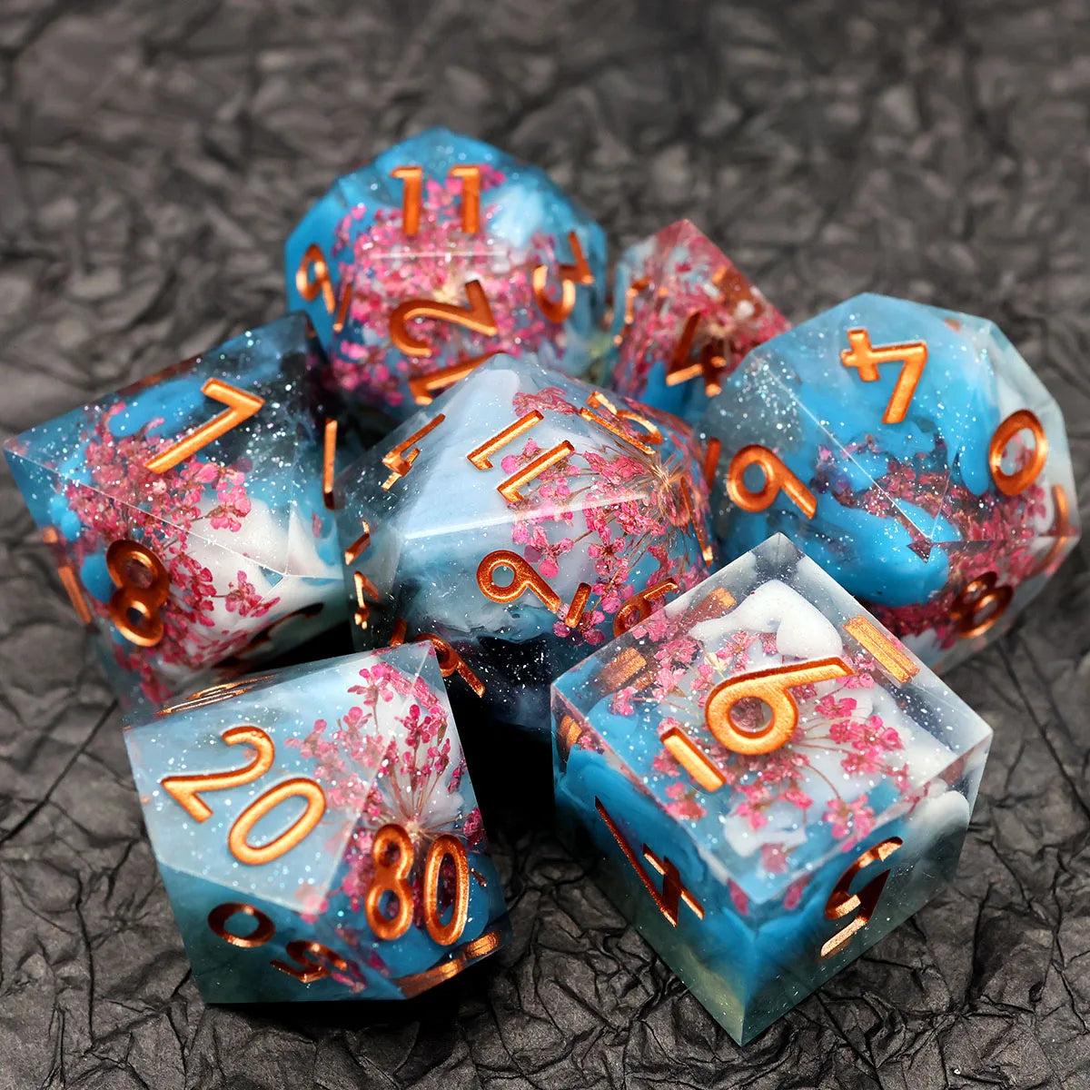 Handmade Resin D&D Dice Set – 7 Polyhedral Dice with Floral Design