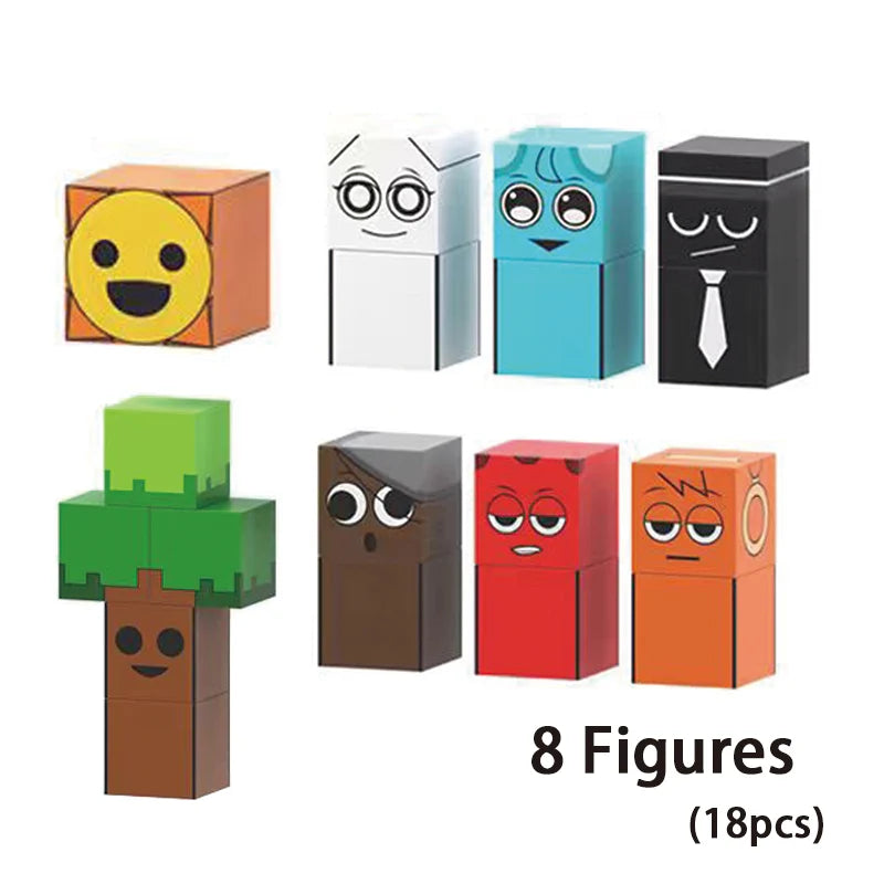 A set of eight colorful magnetic building blocks figures in various styles and colors for children's play