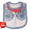 A baby feeding bib with a light blue and white pattern featuring a red polka dot collar and a cartoon design.