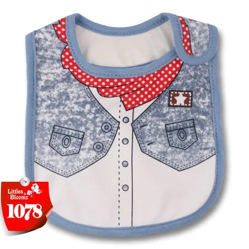 A baby feeding bib with a light blue and white pattern featuring a red polka dot collar and a cartoon design.