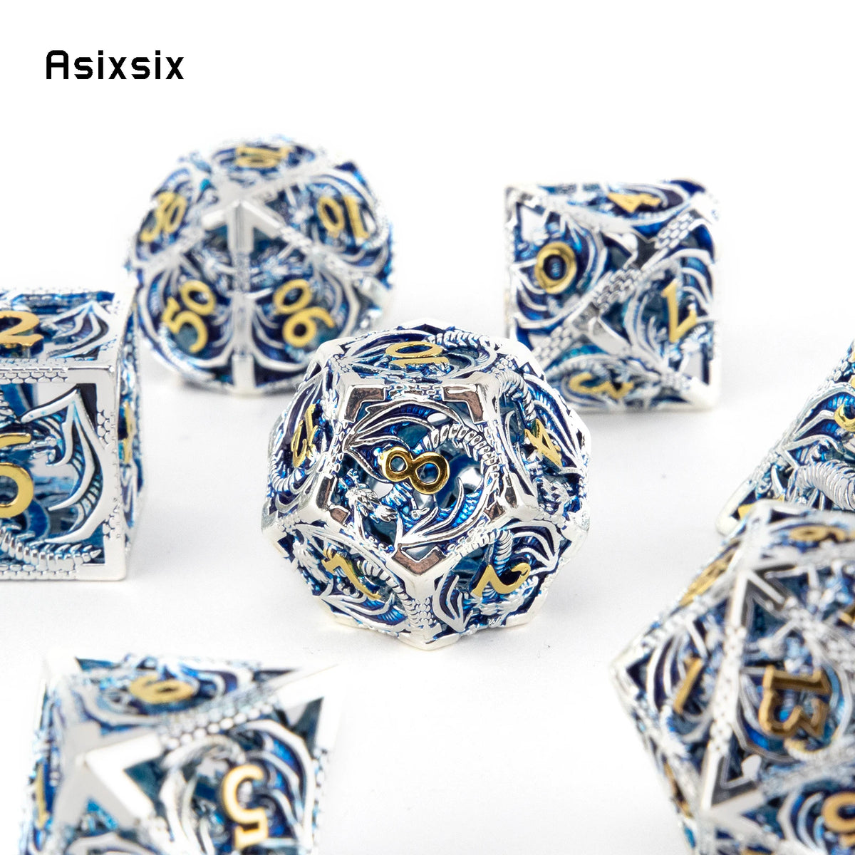 Hollow Metal Polyhedral Dice Set with Blue Dragon Design