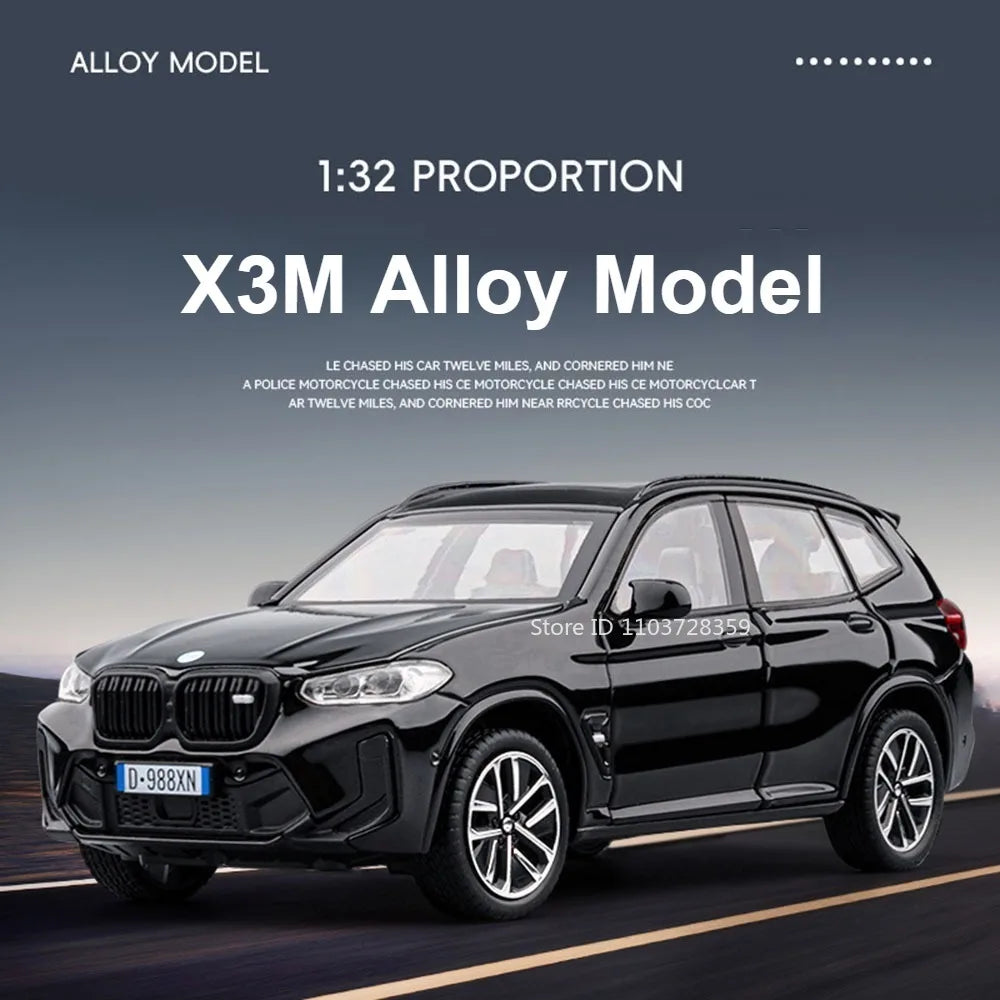 A black BMW X3M alloy model car in 1:32 proportion shown in a dynamic driving pose.