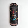 A black wooden fingerboard deck featuring a UV-printed graphic of a pirate skull and hat.