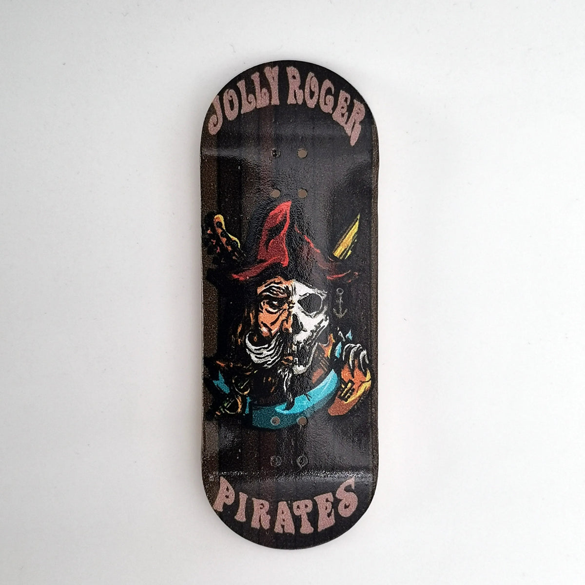 A black wooden fingerboard deck featuring a UV-printed graphic of a pirate skull and hat.