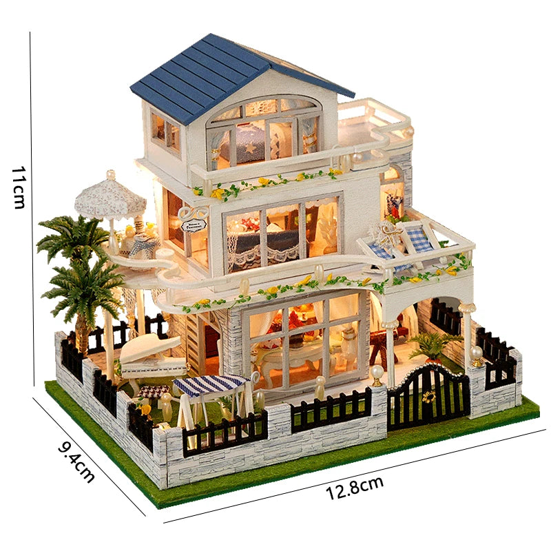 A wooden mini seaside villa dollhouse kit featuring a two-story structure with furniture and landscaping.