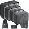 A set of black travel packing cubes and a storage bag with a colorful life design.