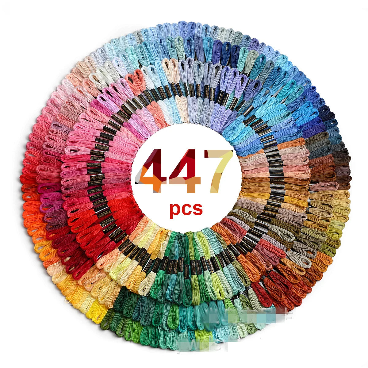 A circular display of 447 multicolor embroidery threads in various shades of pink, blue, green, and yellow.