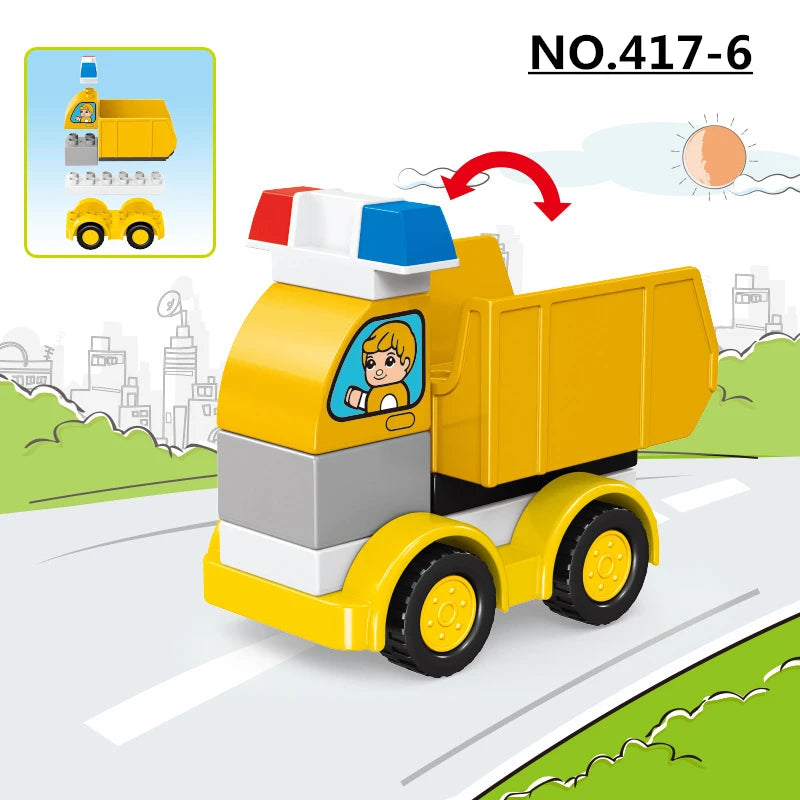 A yellow construction vehicle building block set with a driver figure is shown moving on a road.