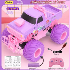 A purple and pink remote control drift car is shown with accessories like a battery, instructions, and a controller.