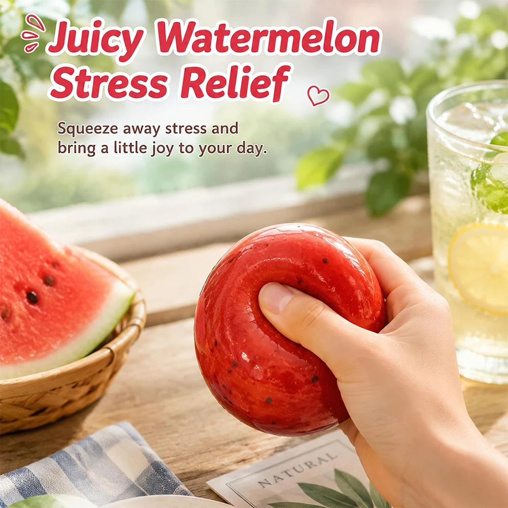 A hand squeezes a red watermelon stress relief toy, demonstrating its squishy texture.